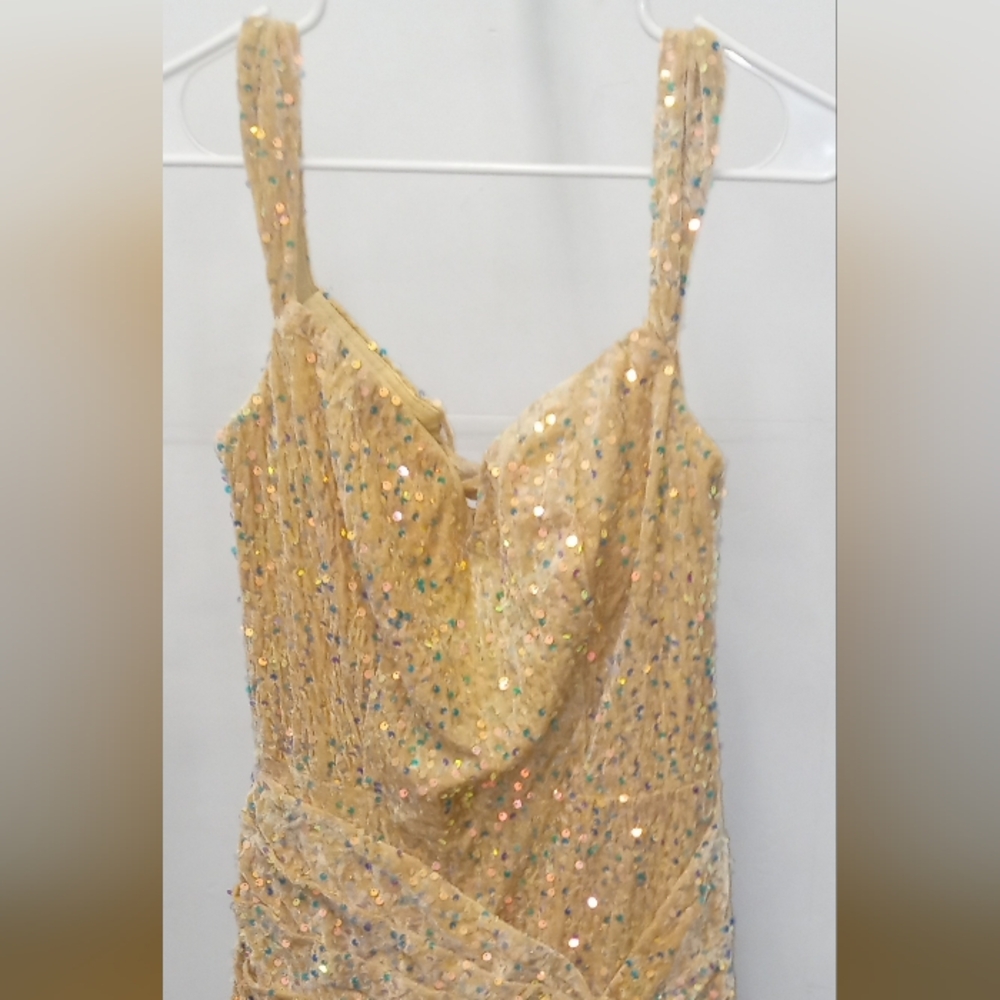 Mermaid Sequin Prom Gown w/Slit in The Rare Champagne Color